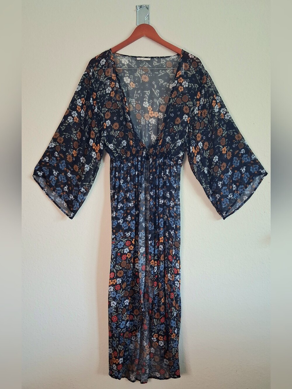 Floreat Anthropologie Sheer Navy Floral Maxi Kimono with Orange & Blue Accents